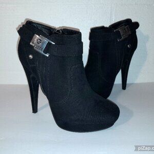G by Guess Women's Size 7 Black Silver Buckle Platform Heels Boots Round Toe